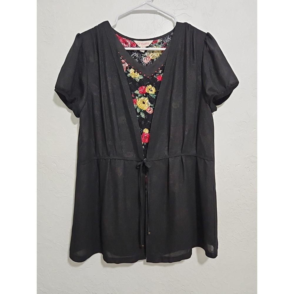 Vtg Womens O'girl Sz 13 Black Floral Blouse Tie Lace Sheer Whimsigoth Fairy
